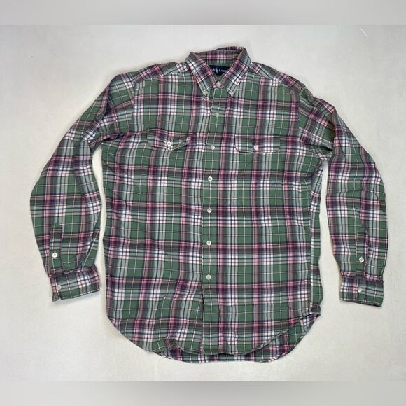 Polo Ralph Lauren Button Up Shirt Men Medium Pink Green Long Sleeve Pockets - Picture 1 of 5